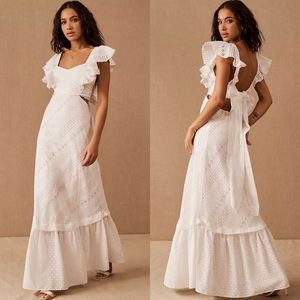 Anthropologie Especia Isabella Eyelet Embroidered Ruffle Maxi Dress BHLDN White